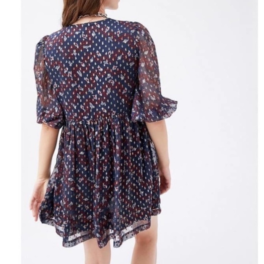 Urban Outfitters Navy Blue Metallic Puff Sleeve Mini Dress Babydoll Size XS - Picture 3 of 15
